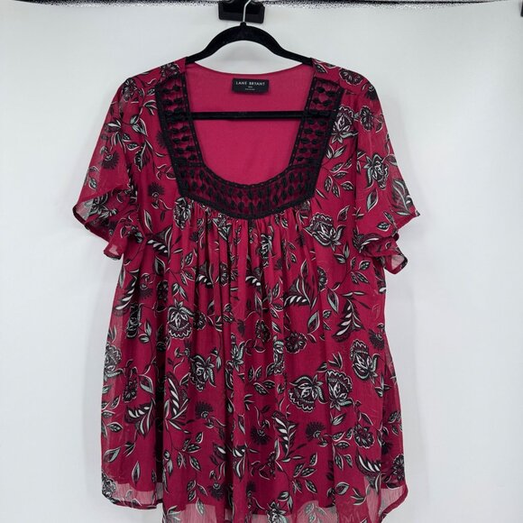 Lane Bryant Boho Chiffon Blouse Womens Plus Size 10/12 Square Neck Short Sleeves - Picture 2 of 11